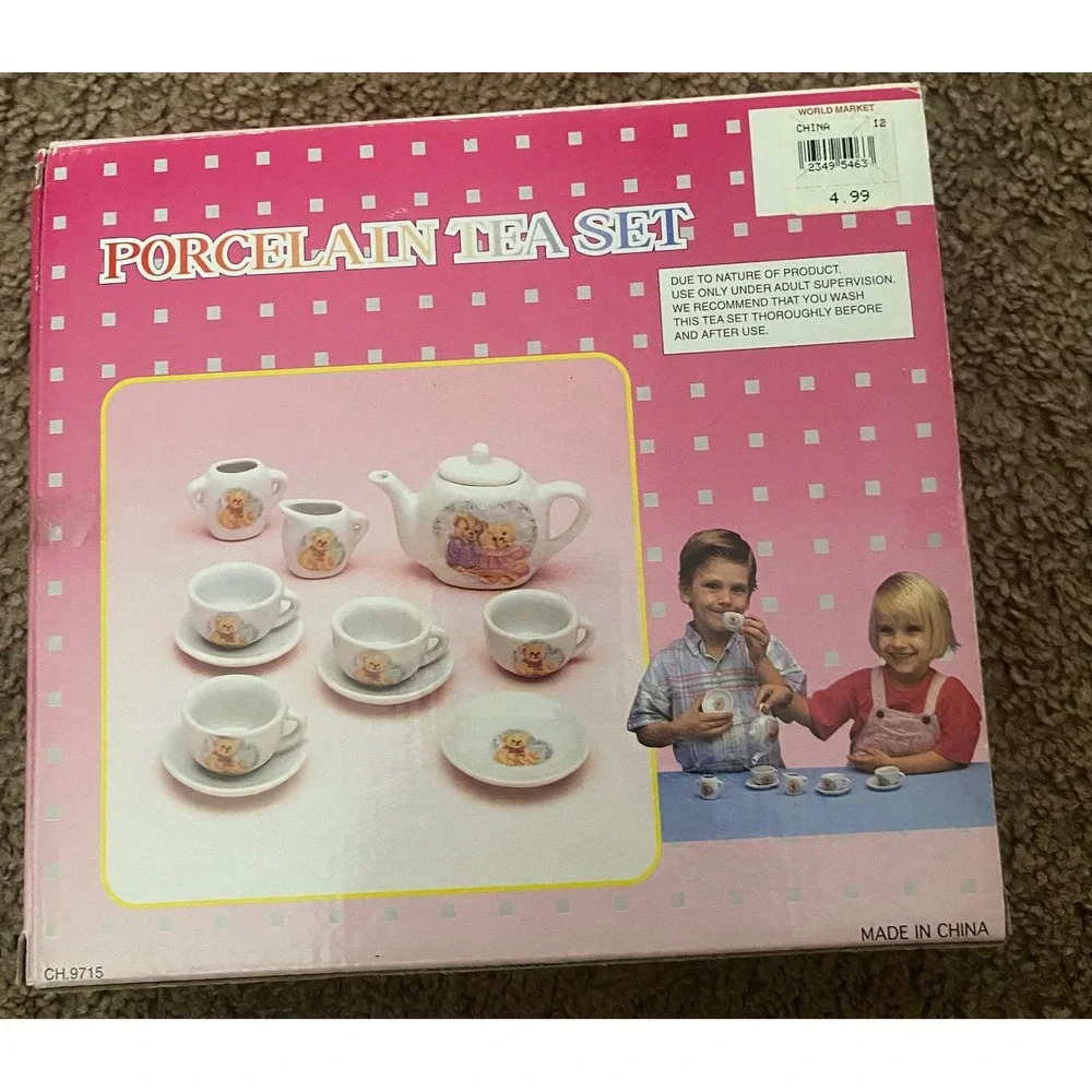 White Kids World Market Porcelain Tea Set Teddy Bear 13 Pieces
